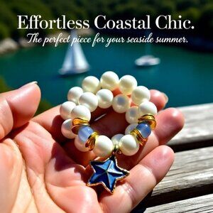 Chunky Beaded Stretch Bracelet w. Lacquered SeaStar Starfish - Coastal Grandma